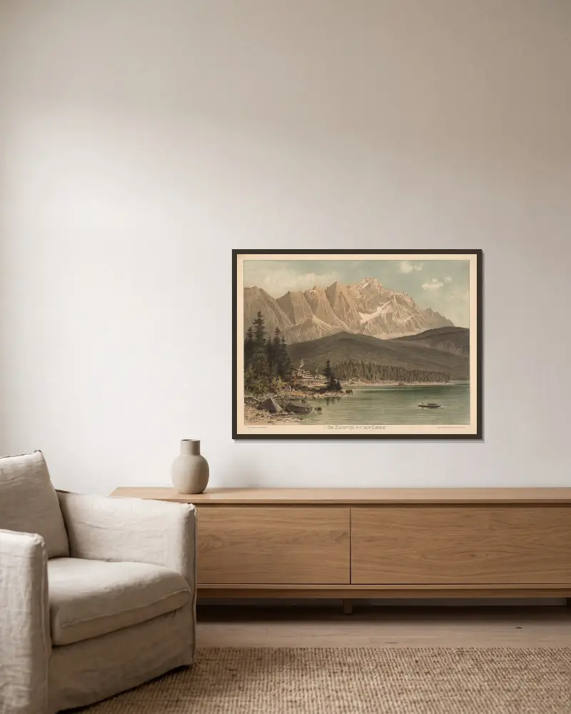 Die Zugspitze mit dem Eibsee av Adolf Lehmann inramad på en vägg