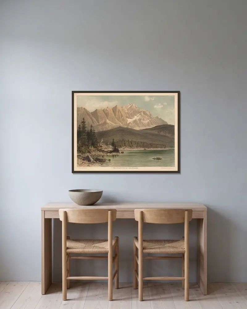 Die Zugspitze mit dem Eibsee av Adolf Lehmann inramad på en vägg