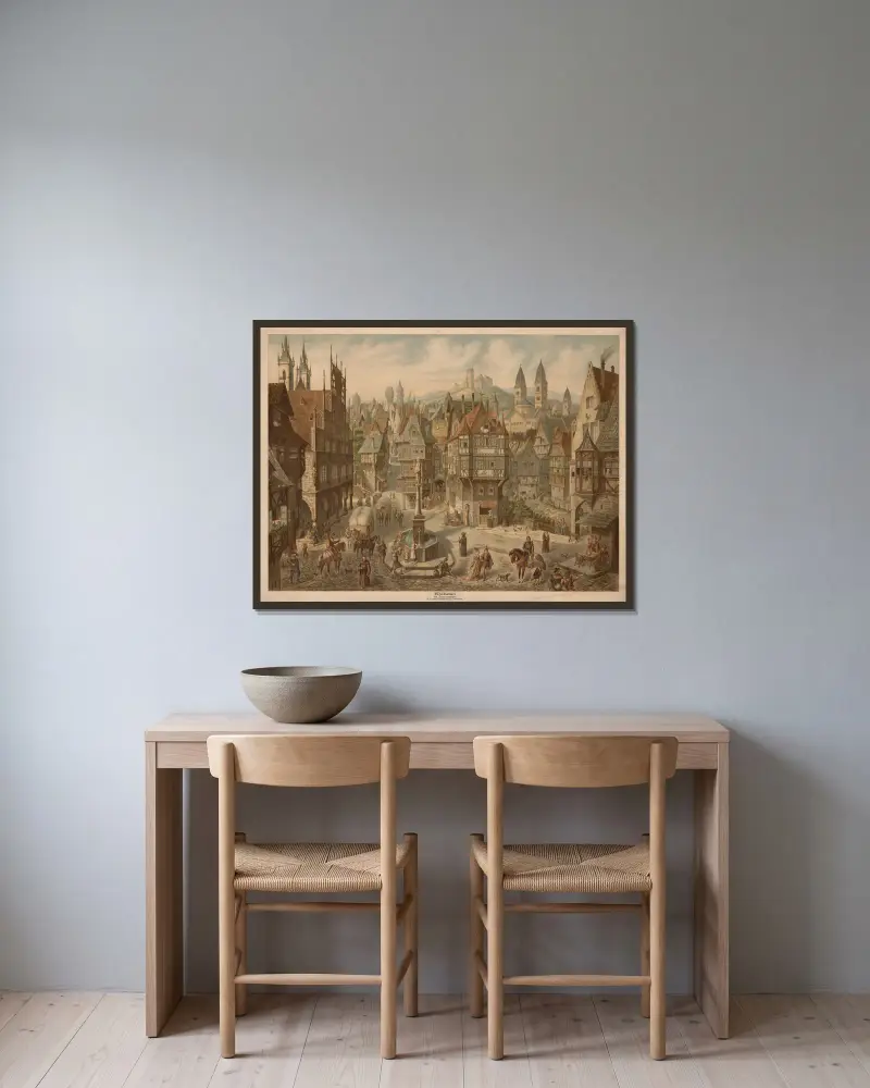 Kjøbstad (15. Århundrede) av Adolf Lehmann inramad på en vägg