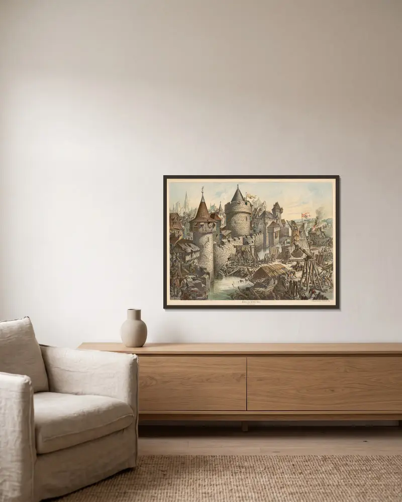 Siege, 14th century av Adolf Lehmann inramad på en vägg