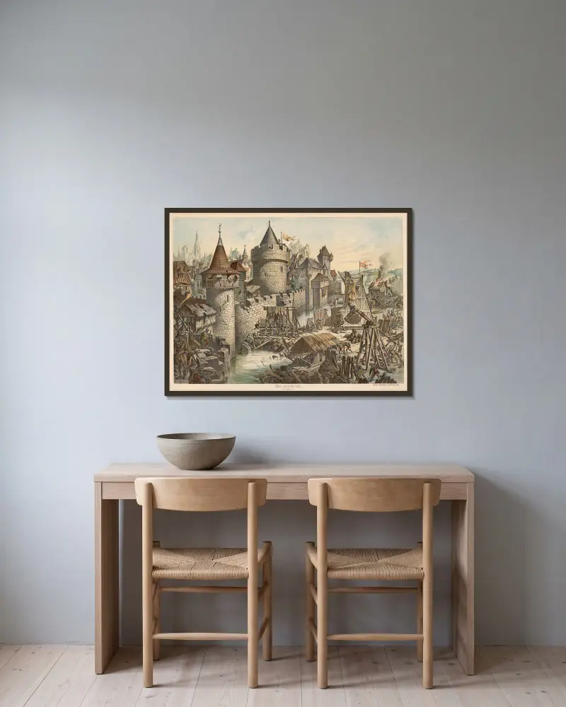 Siege, 14th century av Adolf Lehmann inramad på en vägg