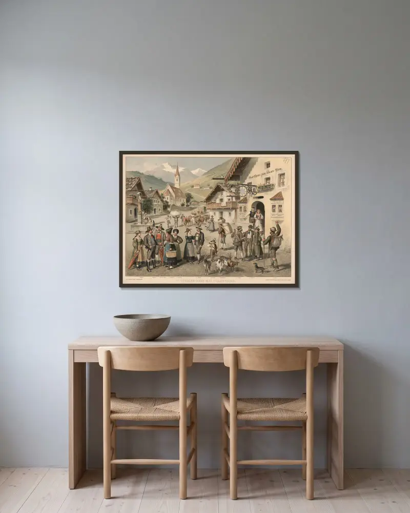 Tiroler Dorf mit Volkstypen av Adolf Lehmann inramad på en vägg