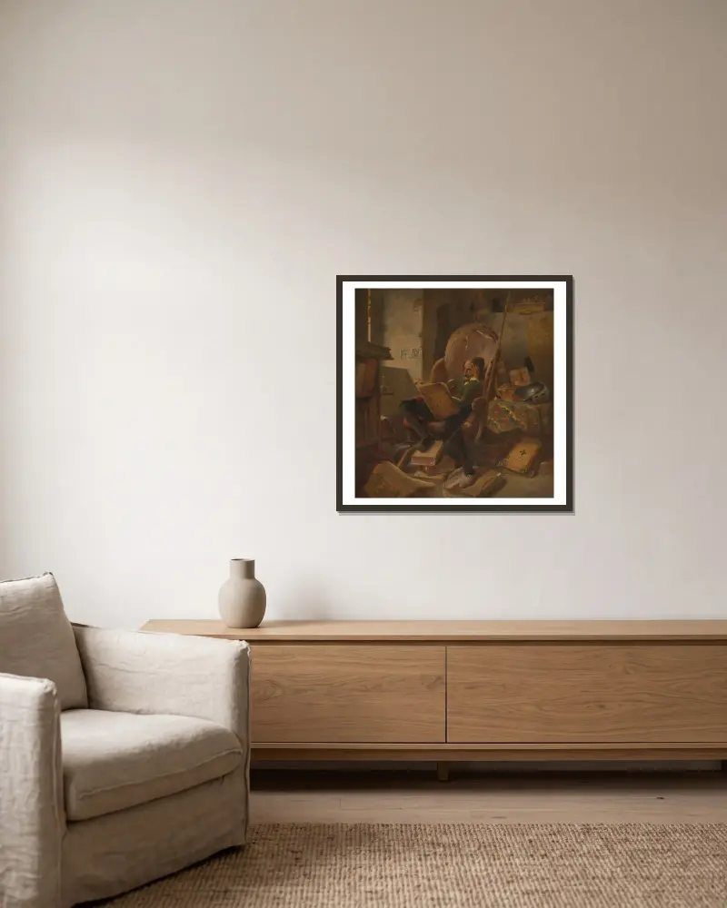 Don Quixote in his study av Adolf Schrödter inramad på en vägg
