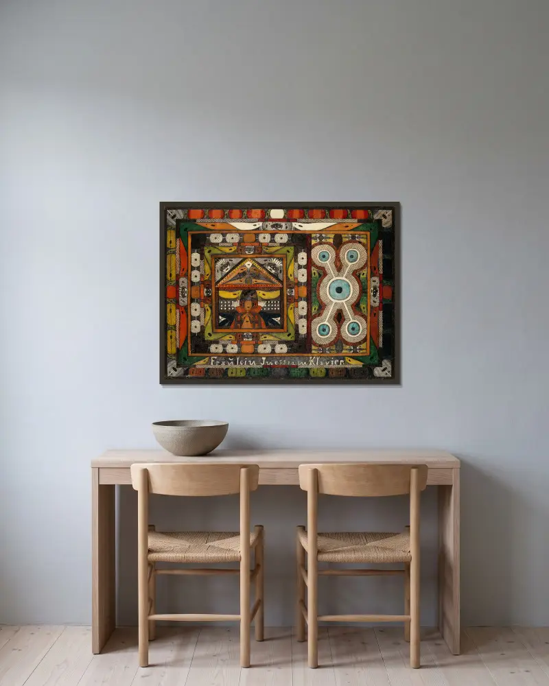 Fröken Iness vid pianot av Adolf Wölfli inramad på en vägg