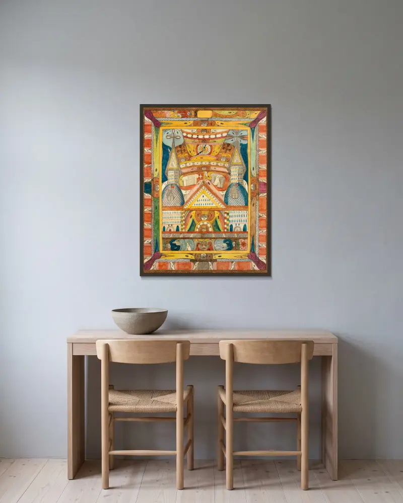 Leantika,=Riesen=Grand=Hottell, i Lion=See; Indien av Adolf Wölfli inramad på en vägg