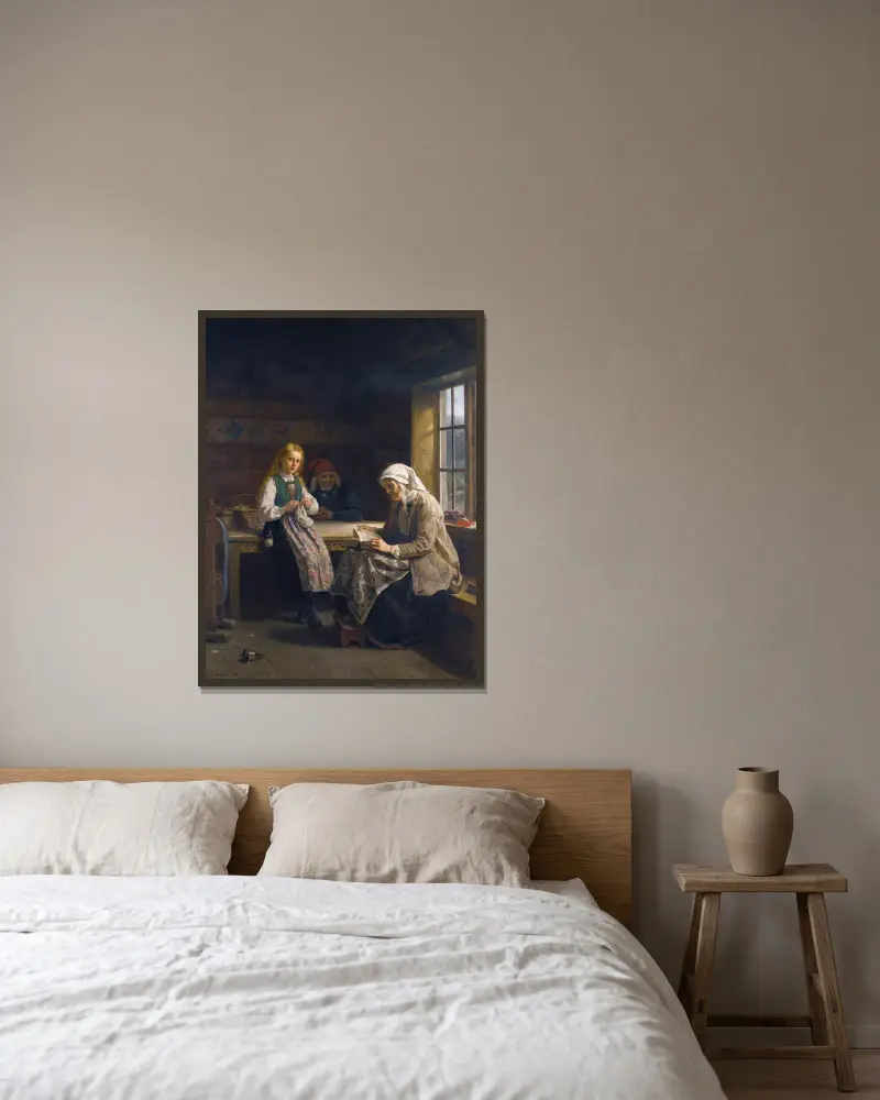 En interiör från Hardanger, ung flicka som stickar av Adolph Tidemand inramad på en vägg