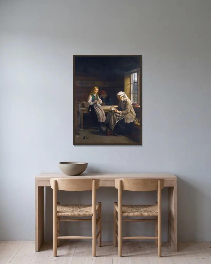 En interiör från Hardanger, ung flicka som stickar av Adolph Tidemand inramad på en vägg