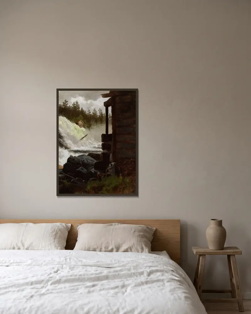 A Waterfall av Adolph Tidemand inramad på en vägg