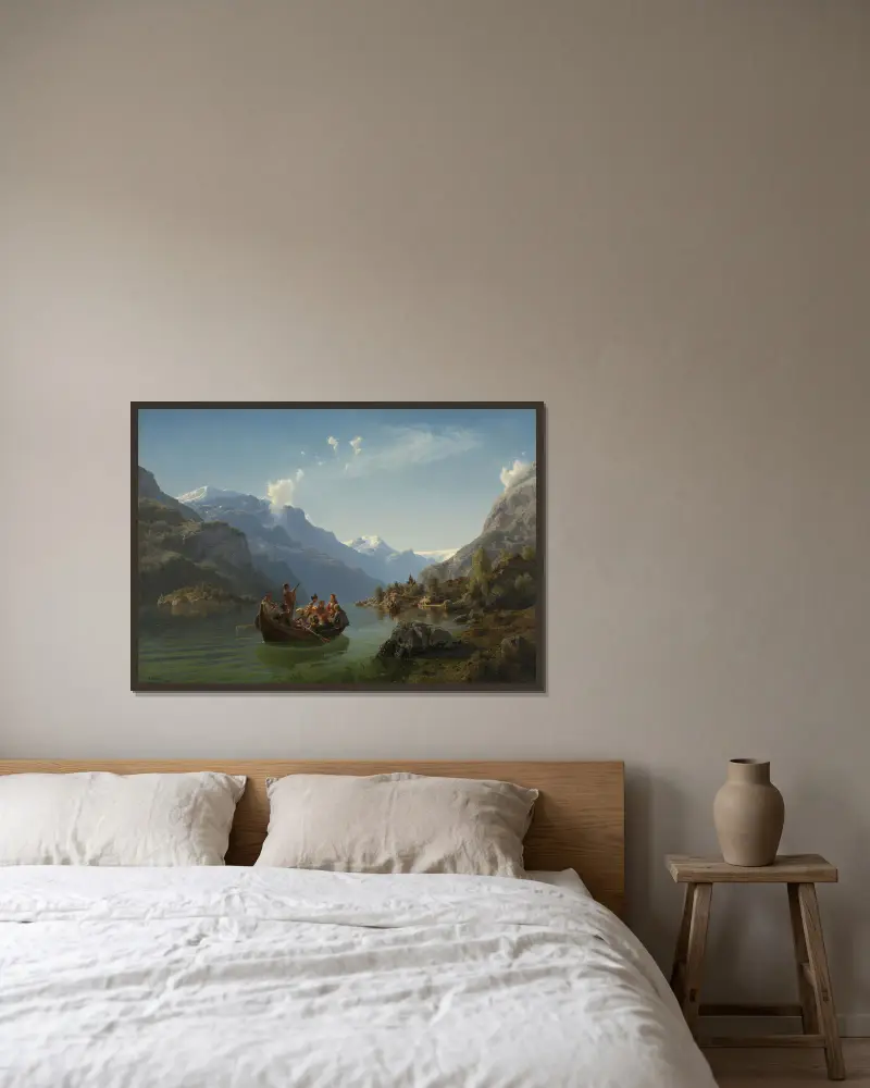 Brudfölje på Hardangerfjorden av Adolph Tidemand inramad på en vägg