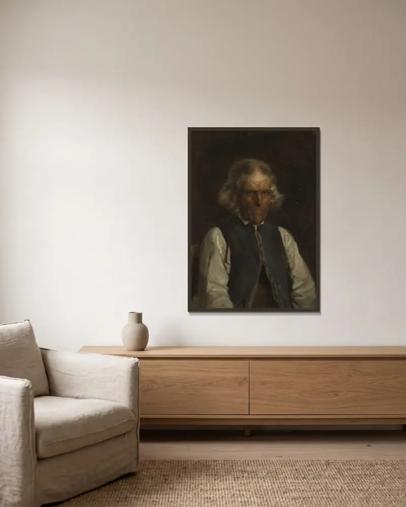 Porträt eines Bauern aus Voss von Adolph Tidemand gerahmt an einer Wand