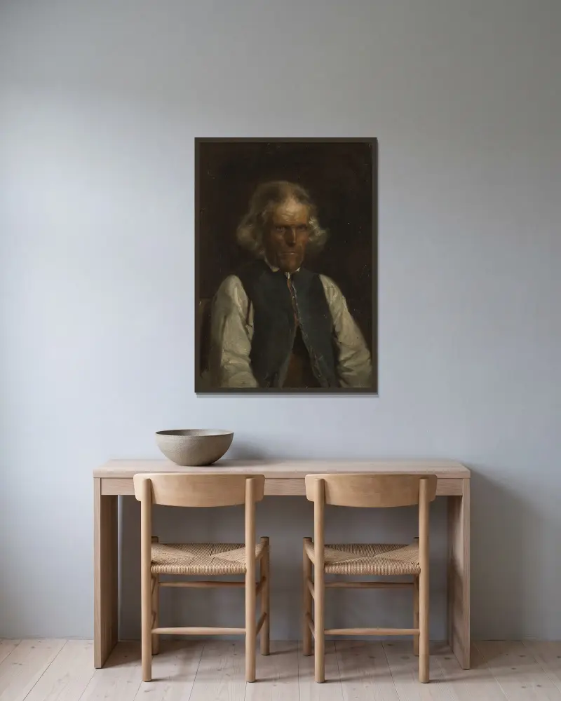 Porträt eines Bauern aus Voss von Adolph Tidemand gerahmt an einer Wand