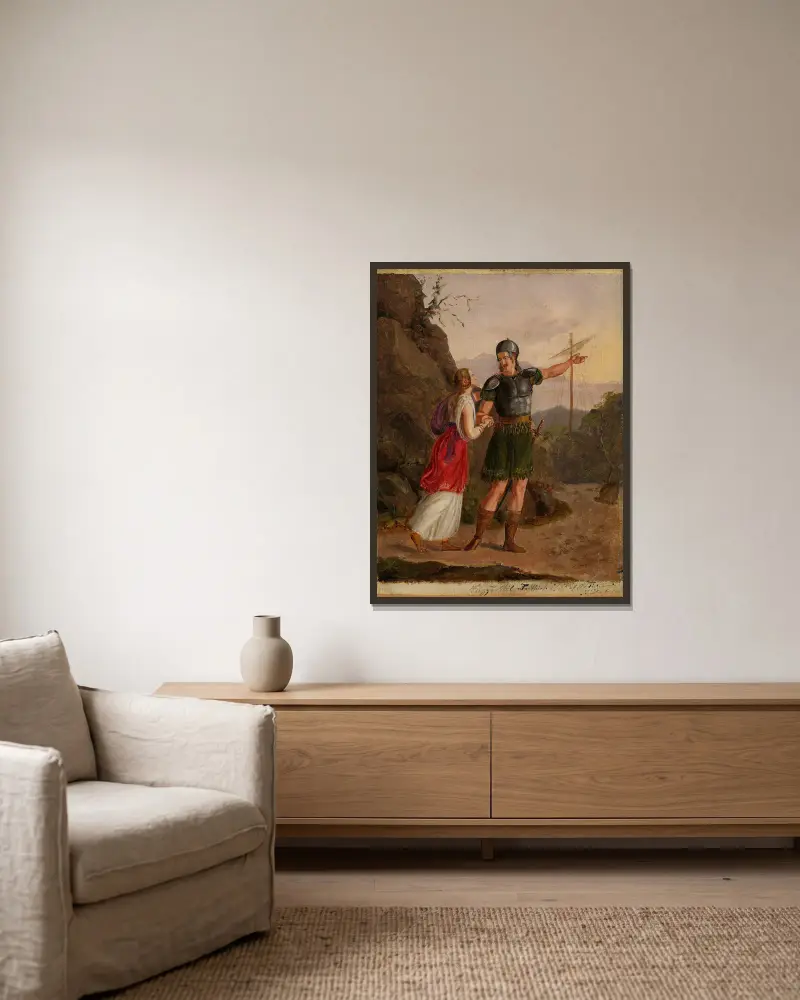 Skizze zu Fridtjofs Aufbruch von Adolph Tidemand gerahmt an einer Wand