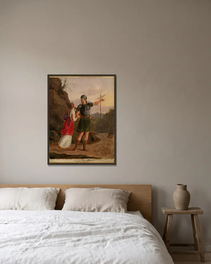 Skizze zu Fridtjofs Aufbruch von Adolph Tidemand gerahmt an einer Wand