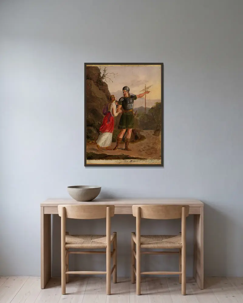 Skizze zu Fridtjofs Aufbruch von Adolph Tidemand gerahmt an einer Wand