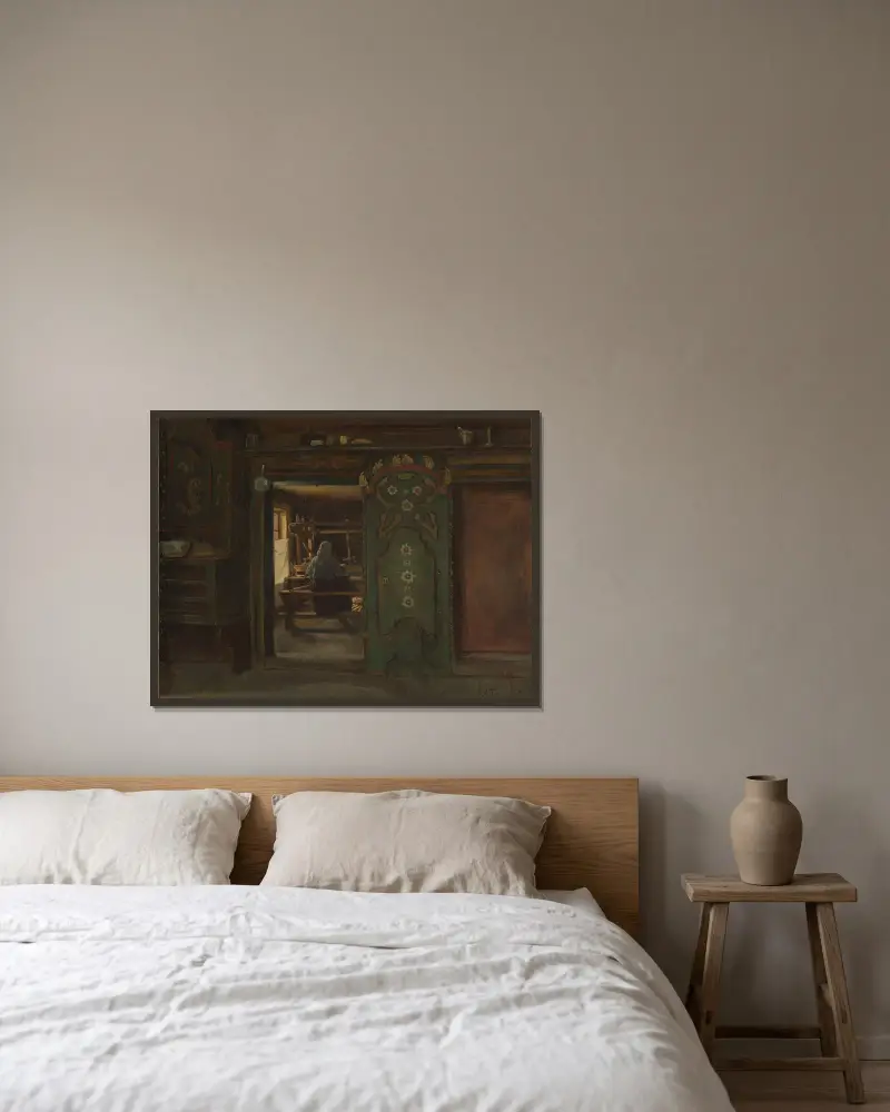 Frau am Webstuhl von Adolph Tidemand gerahmt an einer Wand