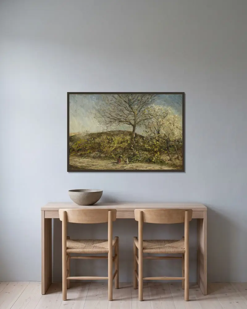 Landskap med blommande fruktträdgård av Adolphe Monticelli inramad på en vägg
