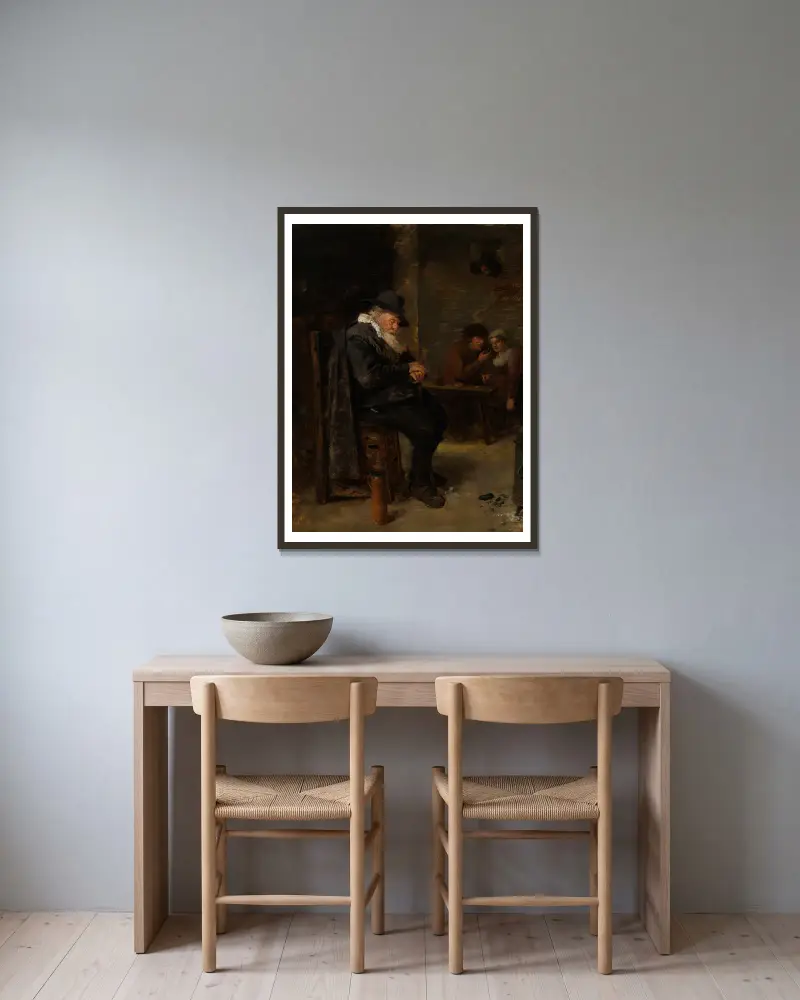 Gammal man på krogen av Adriaen Brouwer inramad på en vägg