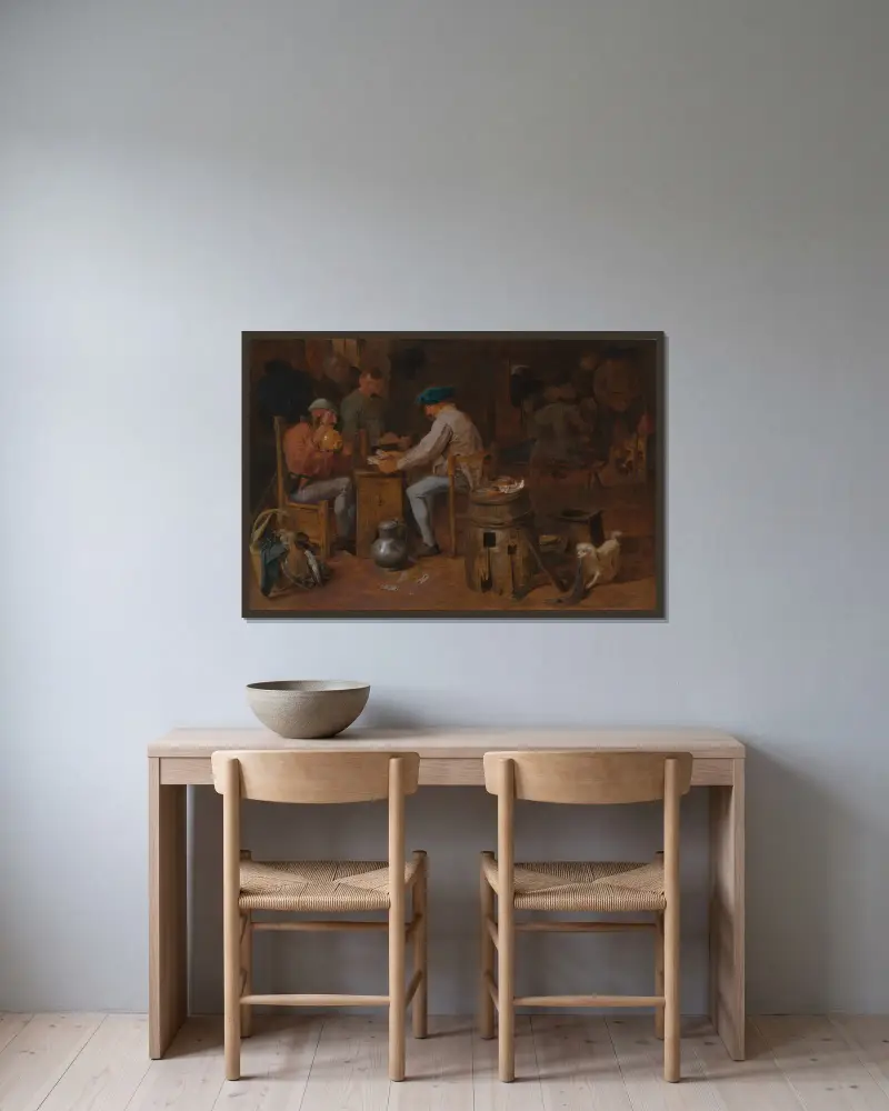 Kortspelare och rumlare av Adriaen Brouwer inramad på en vägg
