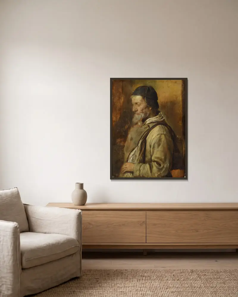 Old Artisan av Adriaen Brouwer inramad på en vägg