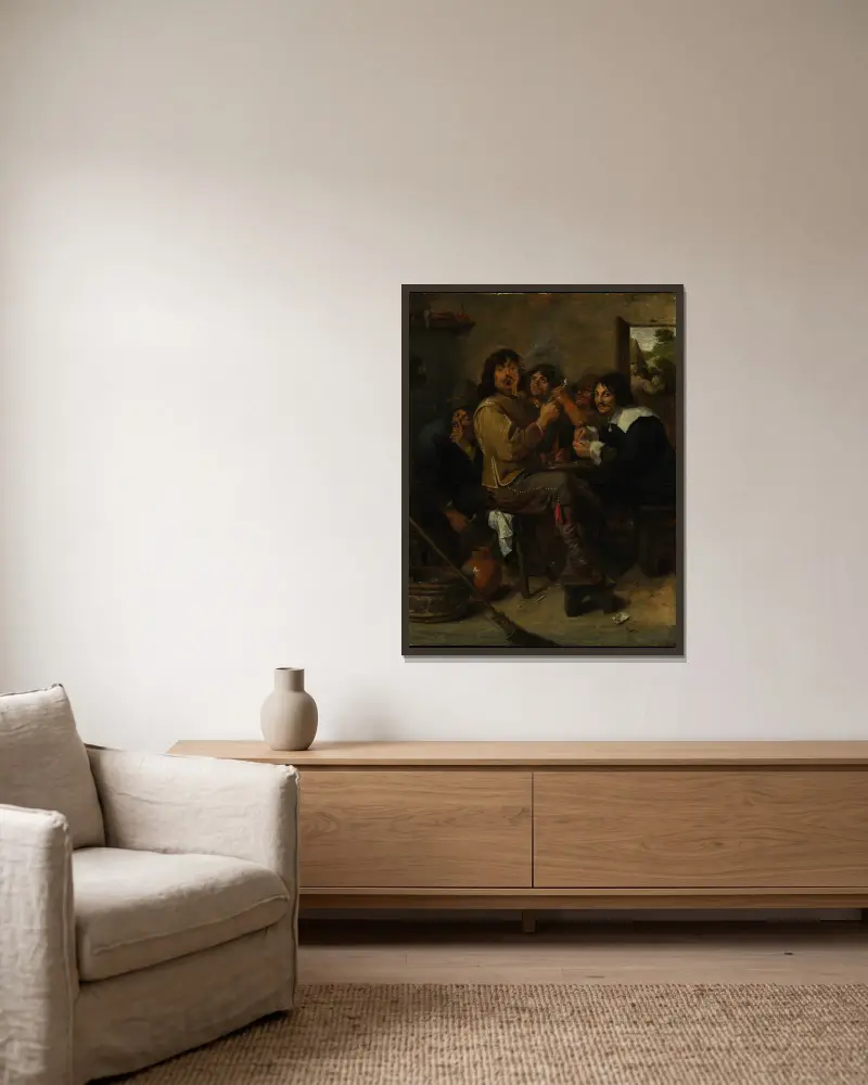The Smokers av Adriaen Brouwer inramad på en vägg