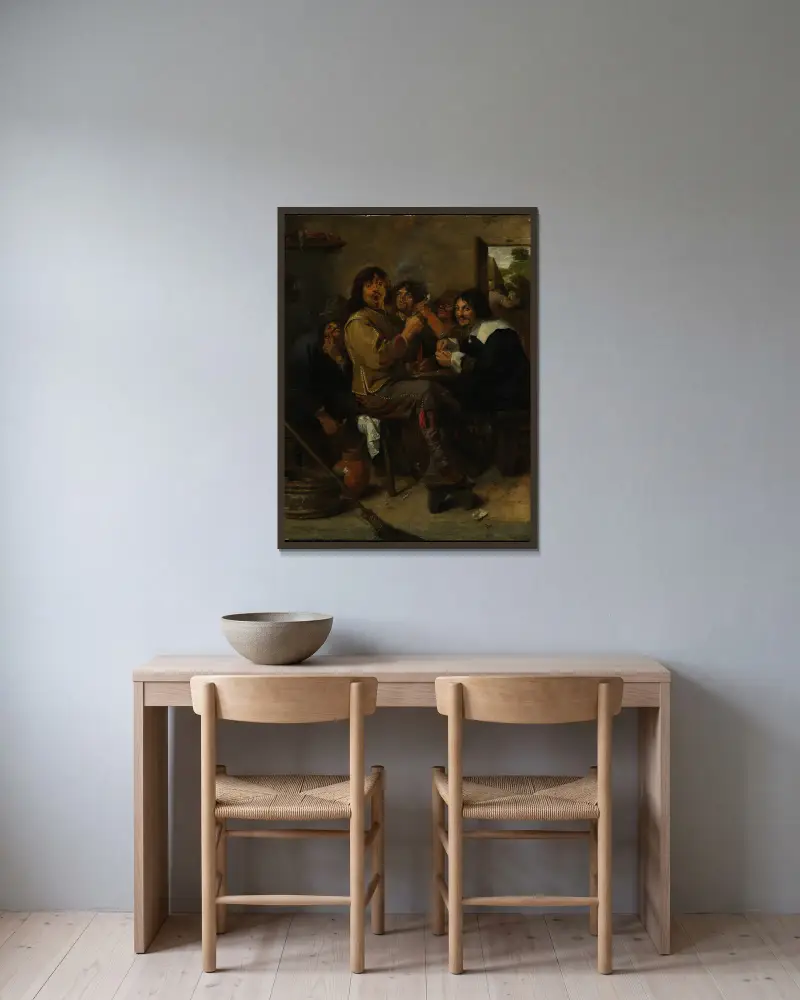 The Smokers av Adriaen Brouwer inramad på en vägg
