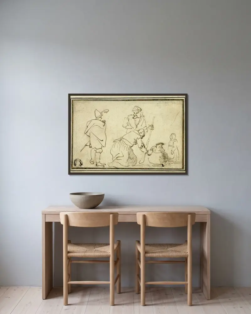 Två soldater, kvinna med kanna och barn av Adriaen Brouwer inramad på en vägg