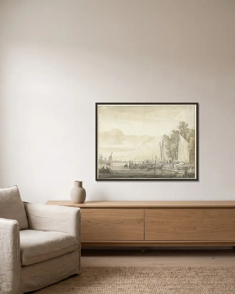 Båtar vid en brygga i en flod av Aelbert Cuyp inramad på en vägg