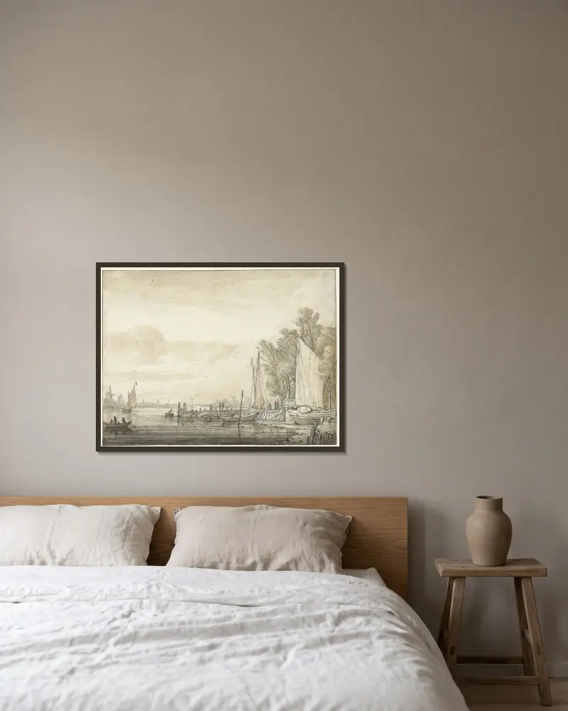 Båtar vid en brygga i en flod av Aelbert Cuyp inramad på en vägg