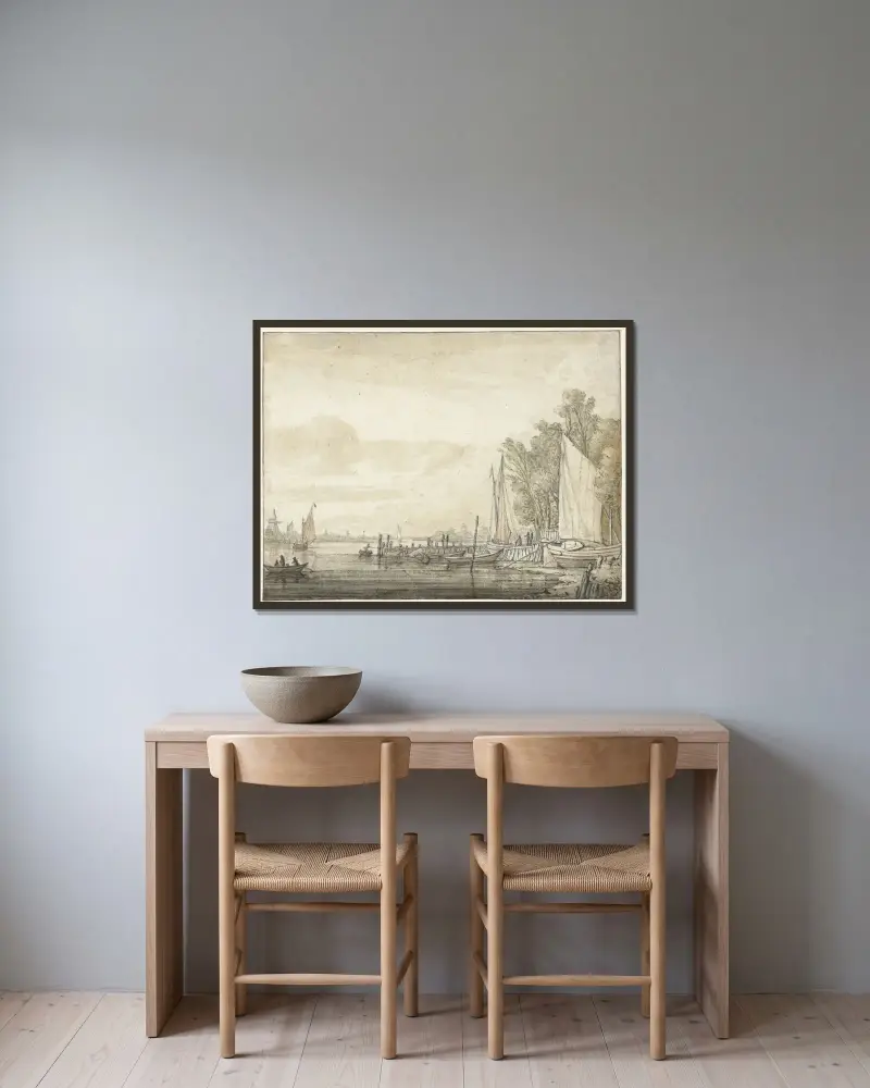 Båtar vid en brygga i en flod av Aelbert Cuyp inramad på en vägg
