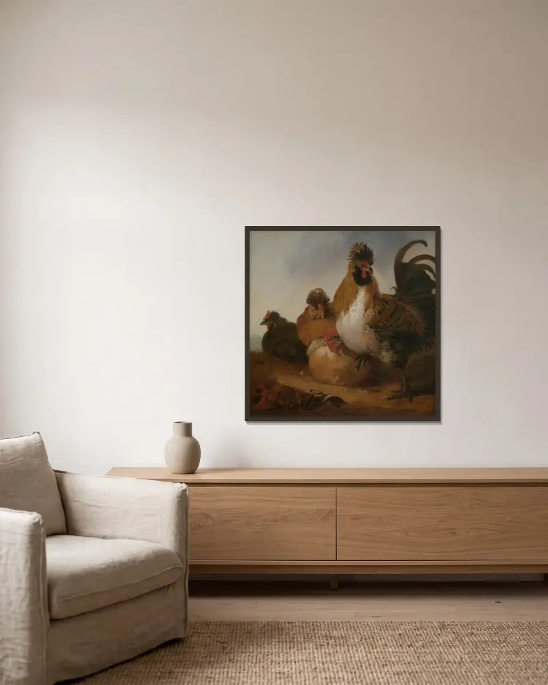 Cock and Hens av Aelbert Cuyp inramad på en vägg