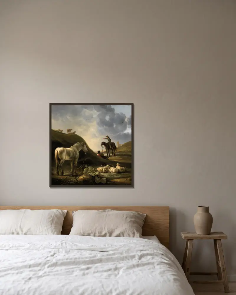 Dünenlandschaft mit Grauschimmel von Aelbert Cuyp gerahmt an einer Wand