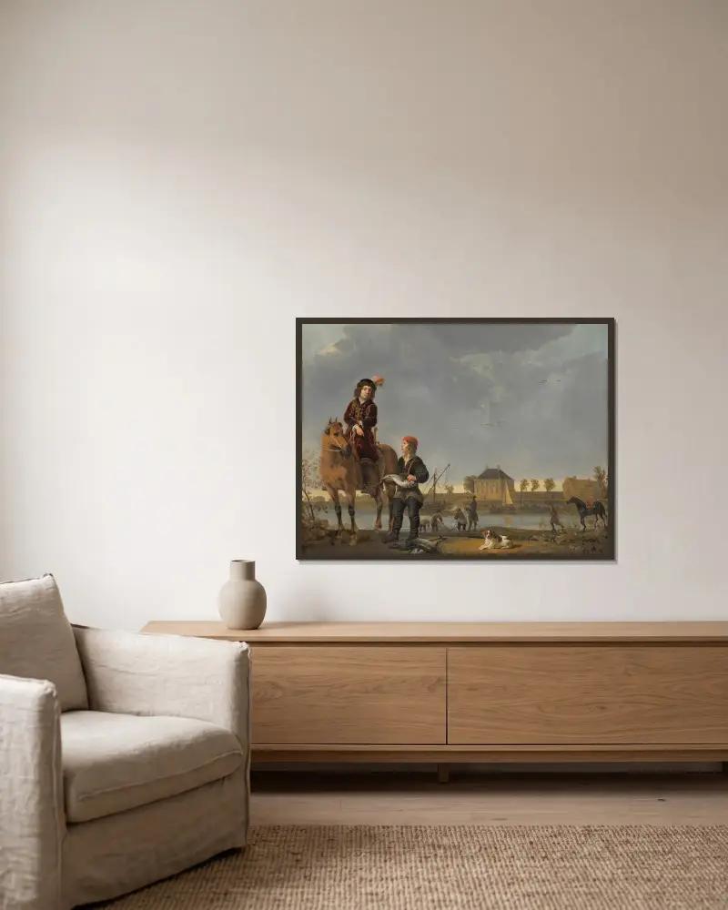 Ryttarporträtt av Pieter de Roovere av Aelbert Cuyp inramad på en vägg
