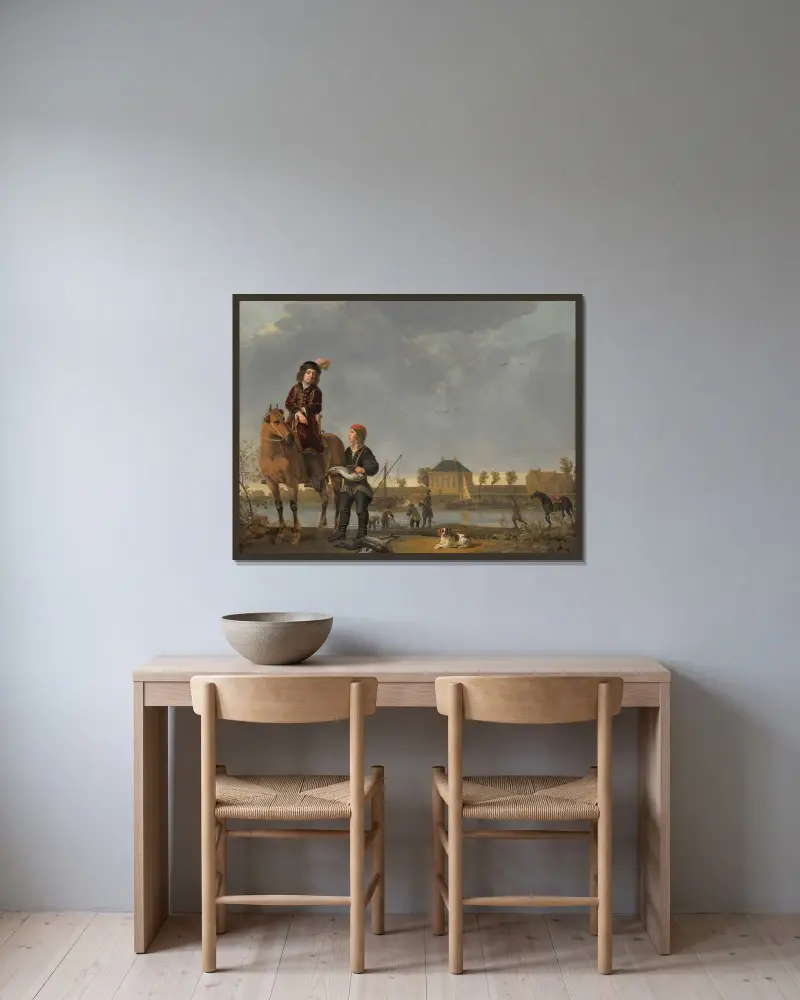 Ryttarporträtt av Pieter de Roovere av Aelbert Cuyp inramad på en vägg