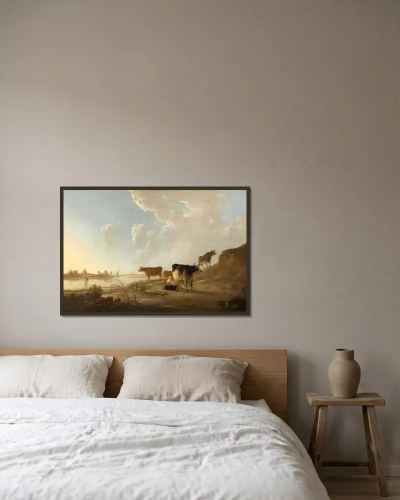 Flusslandschaft mit melkender Frau av Aelbert Cuyp inramad på en vägg