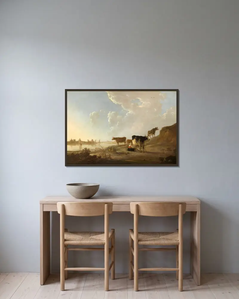 Flusslandschaft mit melkender Frau av Aelbert Cuyp inramad på en vägg