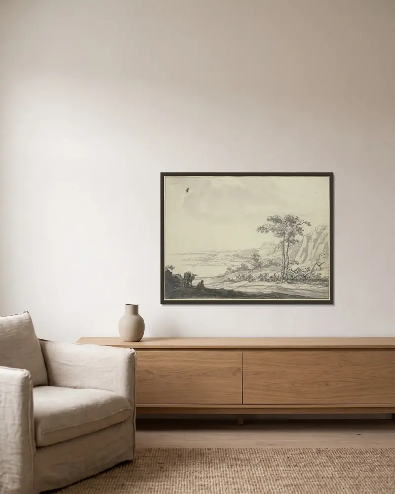 Bergslandskap vid havet, till vänster en sittande man vid en åsna av Aelbert Cuyp inramad på en vägg