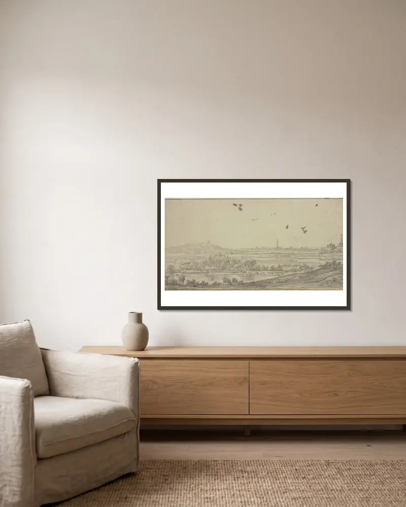I fjärran en stad, till vänster ett hus i vattnet, i förgrunden en fåraherde av Aelbert Cuyp inramad på en vägg