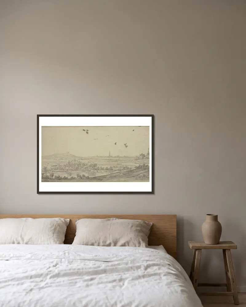 I fjärran en stad, till vänster ett hus i vattnet, i förgrunden en fåraherde av Aelbert Cuyp inramad på en vägg