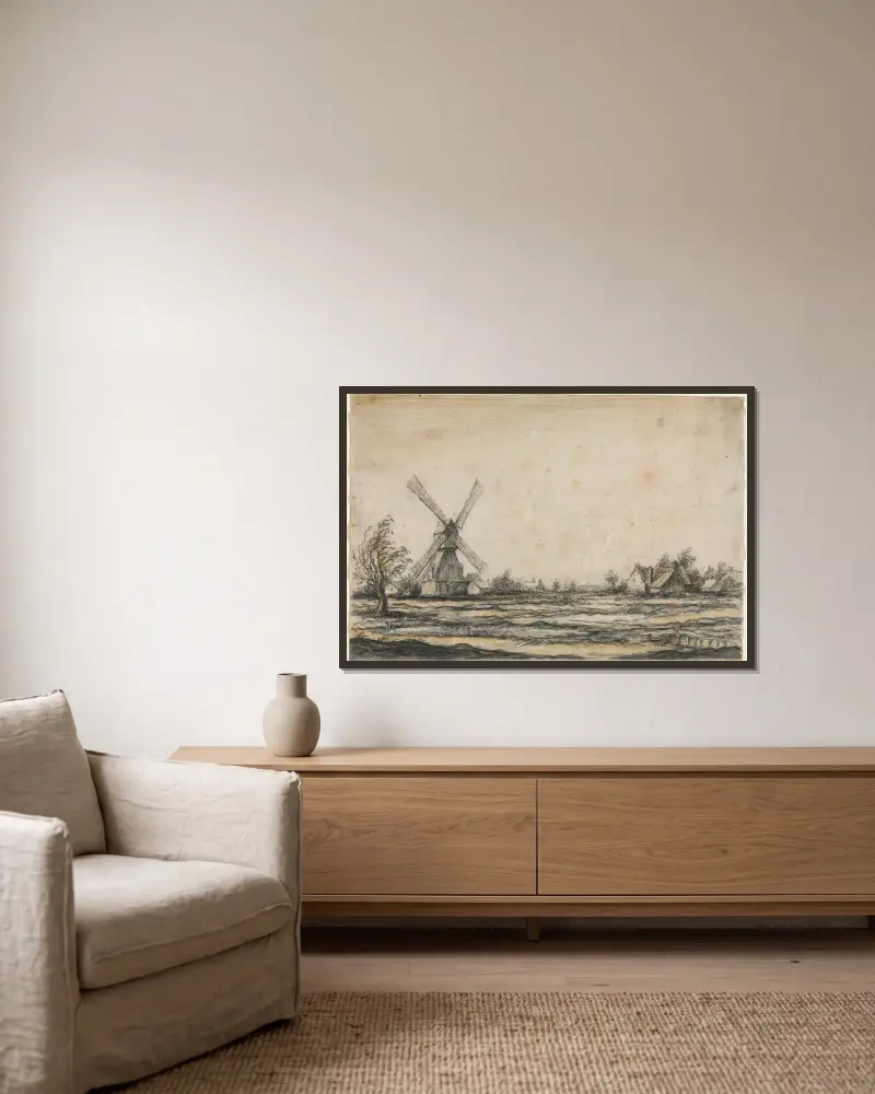 Landschaft mit Windmühle bei einem Bauernhof von Aelbert Cuyp gerahmt an einer Wand