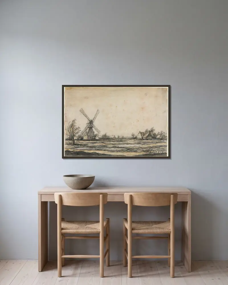 Landschaft mit Windmühle bei einem Bauernhof von Aelbert Cuyp gerahmt an einer Wand