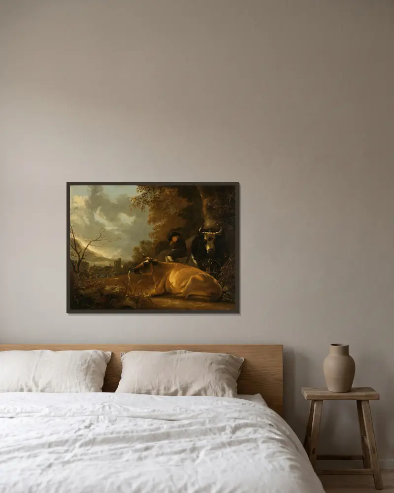 Landscape with Cows and a Young Herdsman av Aelbert Cuyp inramad på en vägg