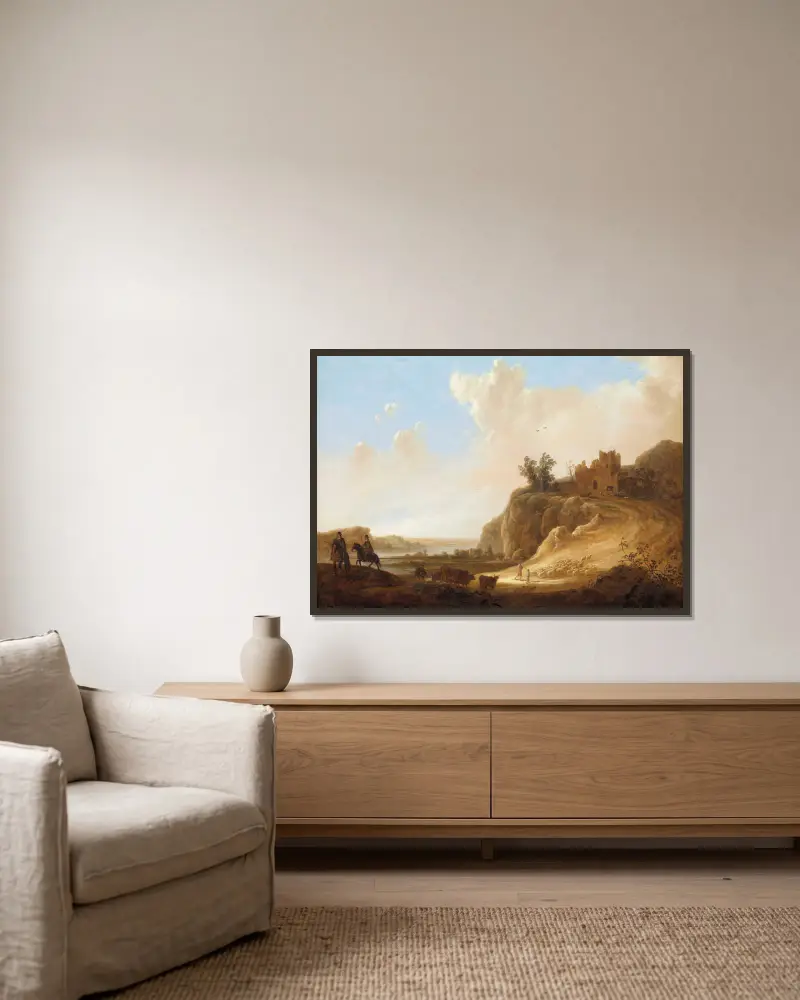 Bergslandskap med slottsruin av Aelbert Cuyp inramad på en vägg