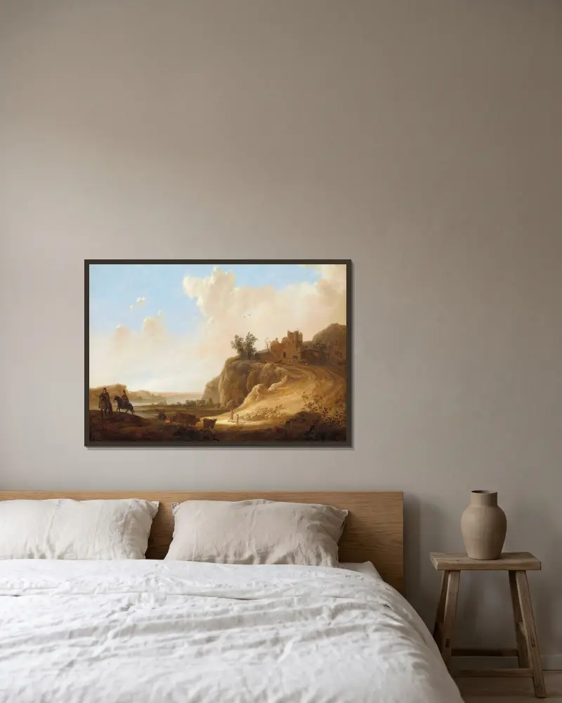 Bergslandskap med slottsruin av Aelbert Cuyp inramad på en vägg