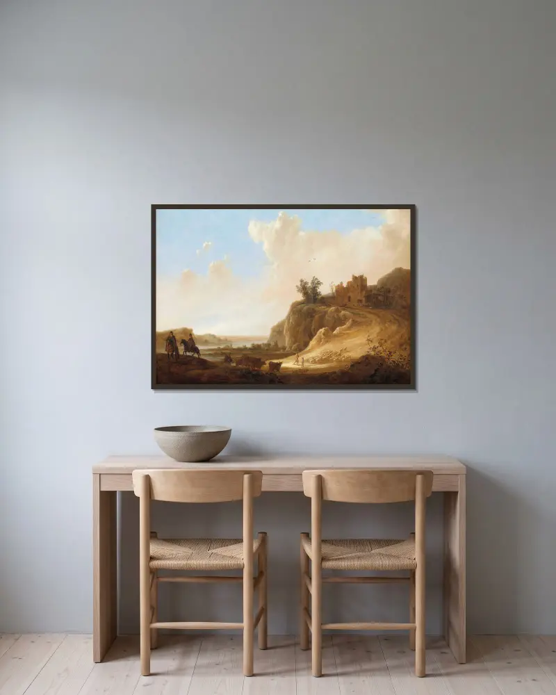 Bergslandskap med slottsruin av Aelbert Cuyp inramad på en vägg