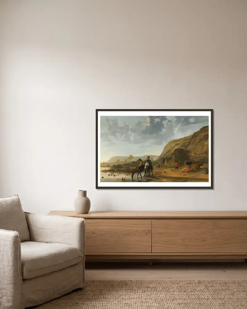 River Landscape with Riders av Aelbert Cuyp inramad på en vägg