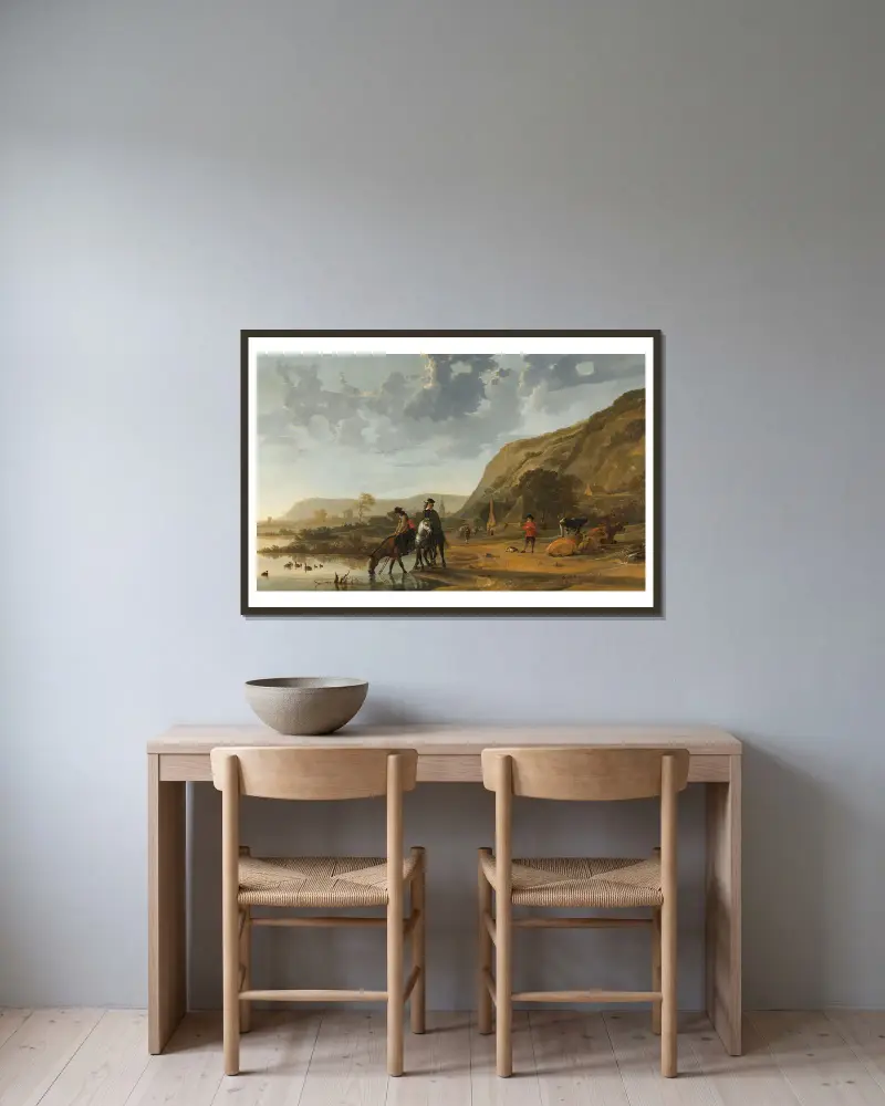 River Landscape with Riders av Aelbert Cuyp inramad på en vägg