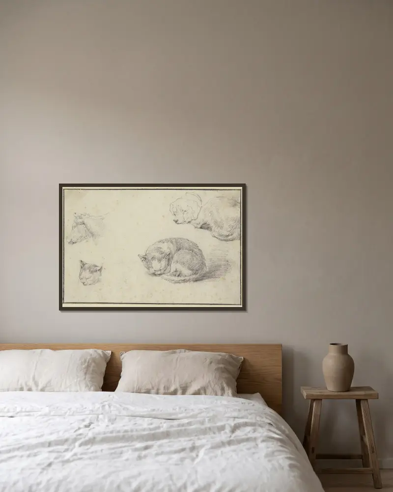 Sovande katt och hund, ett kohuvud och ett katthuvud av Aelbert Cuyp inramad på en vägg