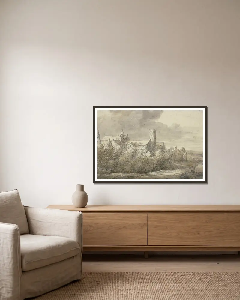 Sankta Maria kyrka i Utrecht av Aelbert Cuyp inramad på en vägg