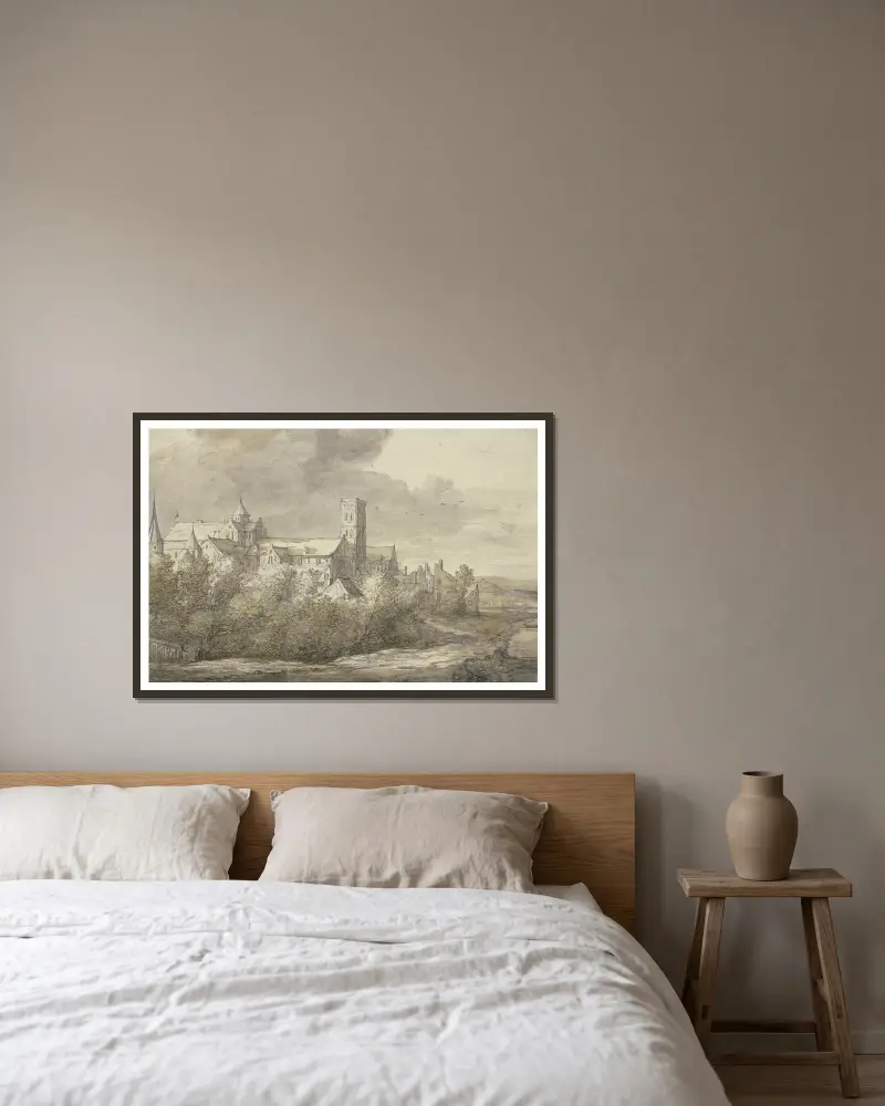 Sankta Maria kyrka i Utrecht av Aelbert Cuyp inramad på en vägg