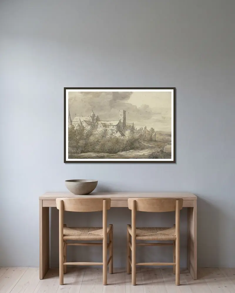 Sankta Maria kyrka i Utrecht av Aelbert Cuyp inramad på en vägg